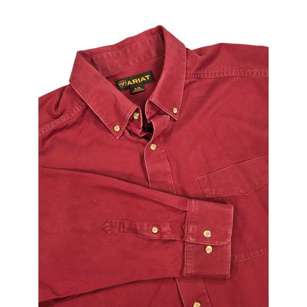 Ariat Mens XL Red Cotton Twill Button Down Long Sleeve Shirt Rodeo Cowboy